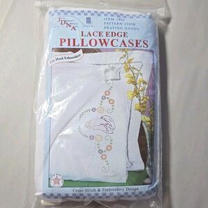 Embroidery Kit 2 Pillowcases Praying Hands Cross stitch Lace Edged Jack Dempsey